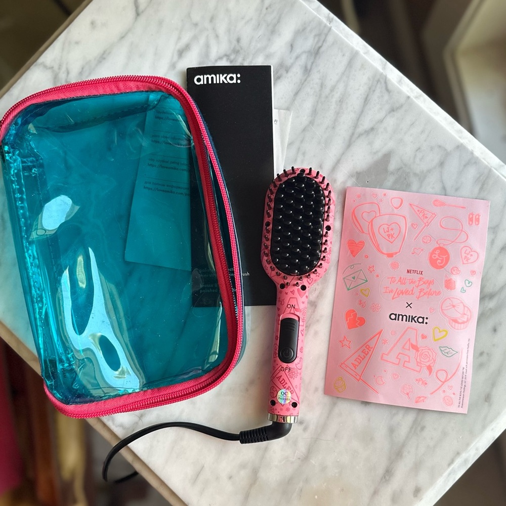 Amika Vibrant Pink Hair Brush with Teal Case